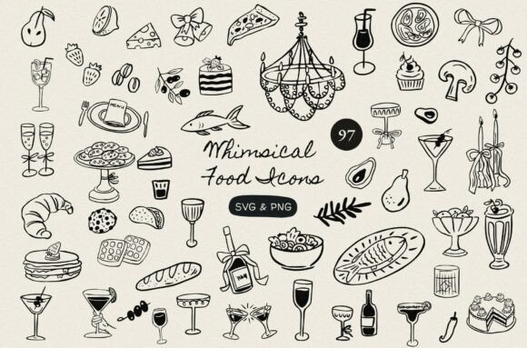 97 Whimsical Hand-Drawn Food Icons for Modern Design