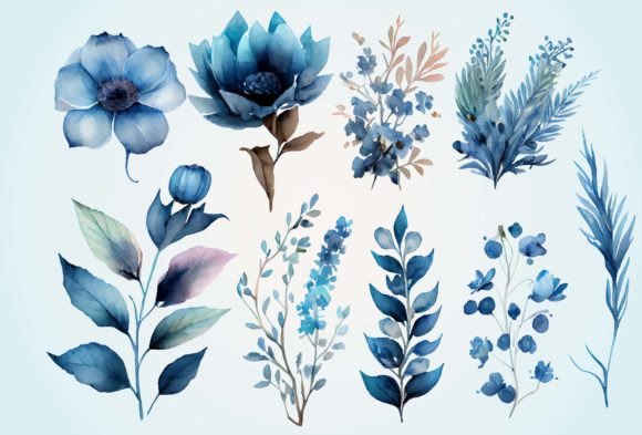 Elegant Blue Watercolor Flower Clipart for Modern Designs