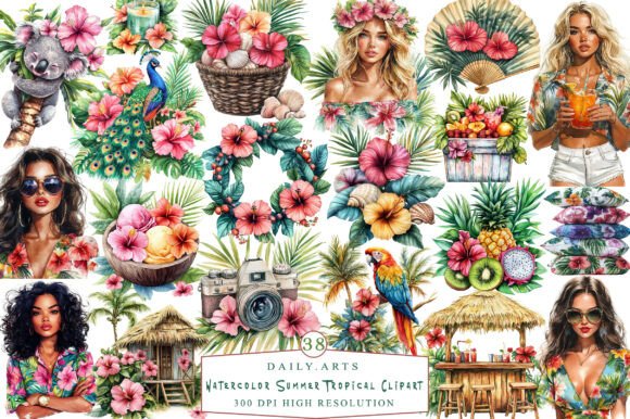 Elevate Designs with Watercolor Summer Tropical Clipart