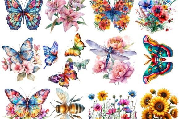 Elevate Your Designs with Floral Butterfly and Daisies Dragonfly Clipart