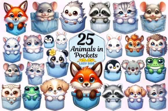 Kawaii Animals in Pockets Sublimation Clipart