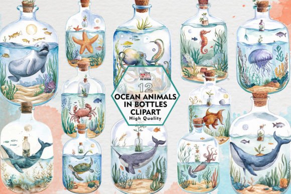 Ocean Animals in Bottles Clipart: Creative Design Applications