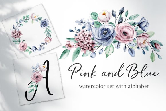 Pink & Blue Watercolor Roses for Modern Design