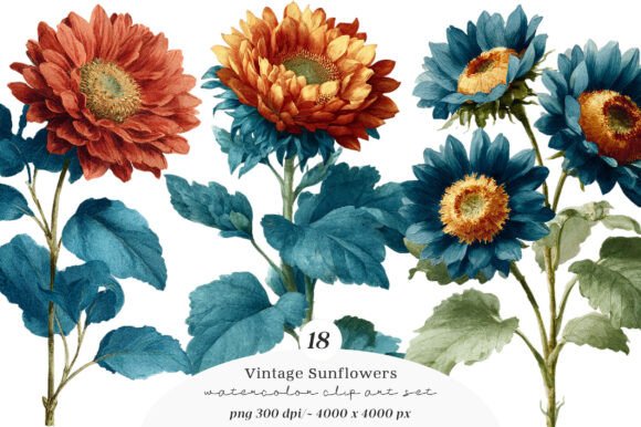 Retro Vintage Sunflowers Cliparts: Timeless Design Assets