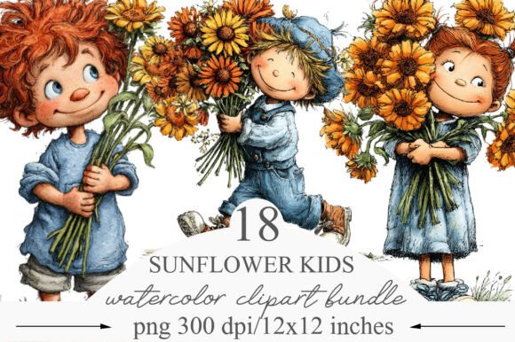 Sunflower Kids Whimsical Clipart for Creative Design Projects