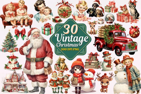 Timeless Charm: Vintage Christmas Watercolor Clipart PNG