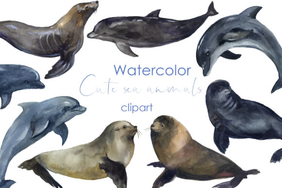 Watercolor Sea Animals Clipart: Dolphins & Polar Bears