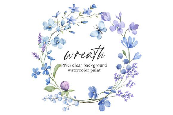 Wreath with Blue Watercolor Flowers, PNG